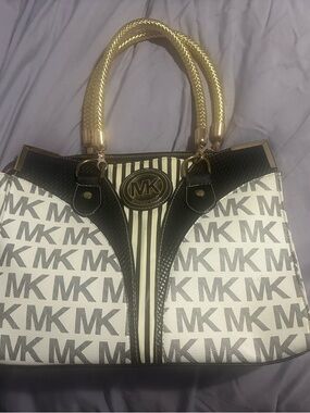 Michael Kors White and Black MK Logo Tote with Gold Rope Handles